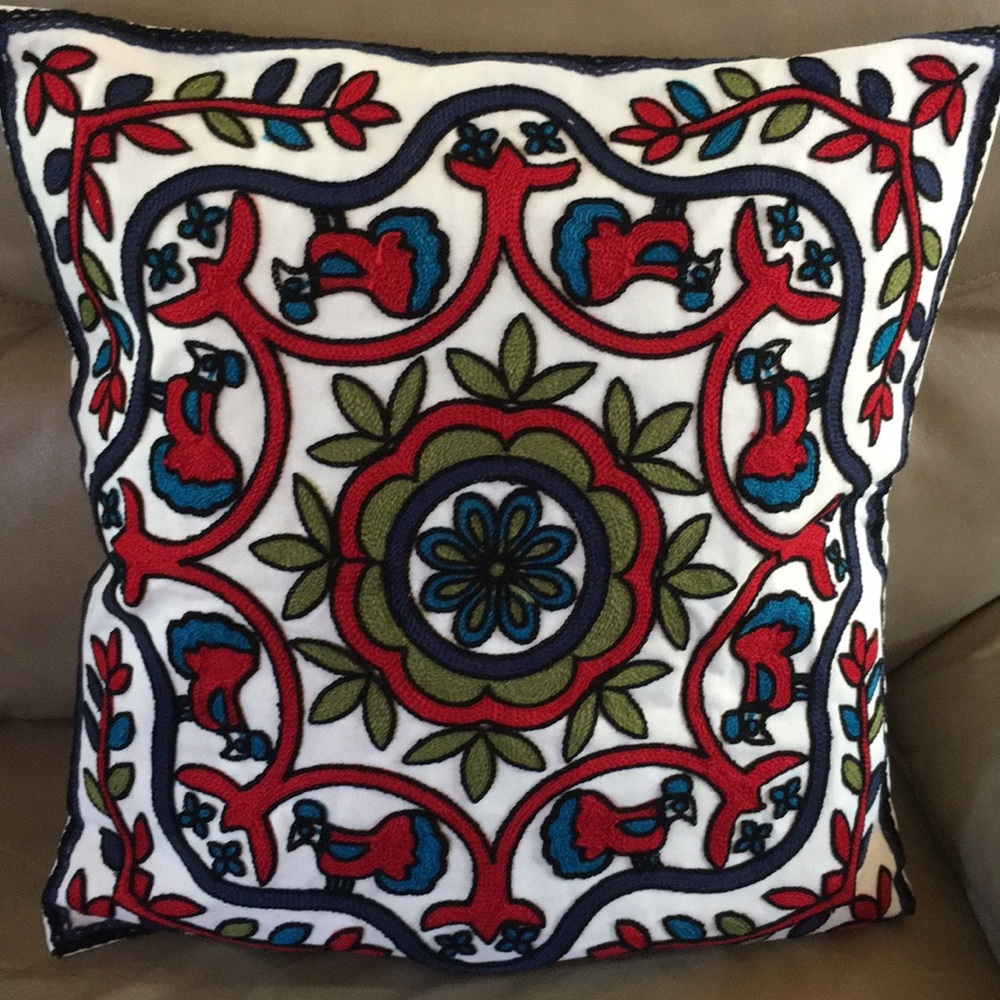 Moroccan embroidered flower/bird pillow case 17”sq